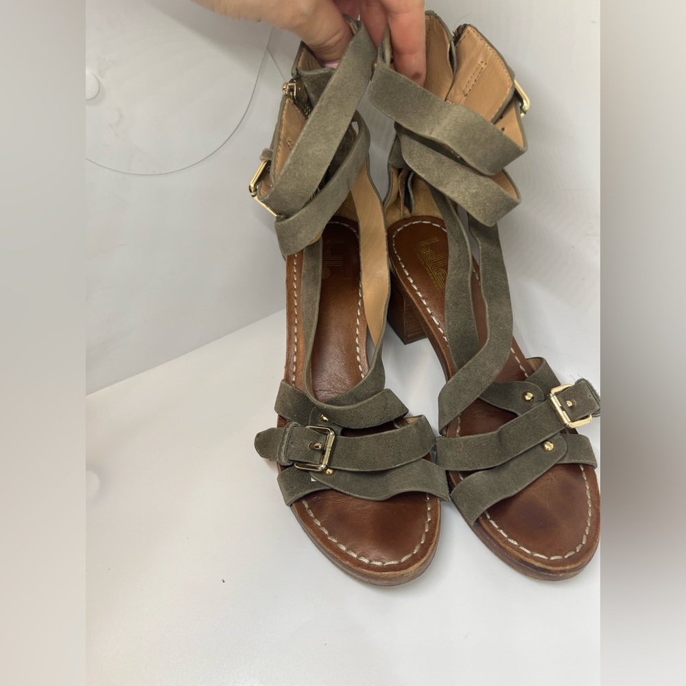 BELLE Sigerson Morrison Gray Suede Strappy Block Heel Sandals sz 7.5 - Picture 2 of 12